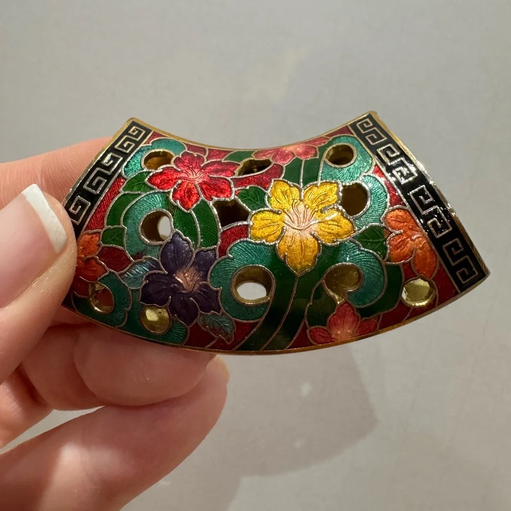 Vintage Greek key and Floral Enamel scarf cloisonné or necklace pendant